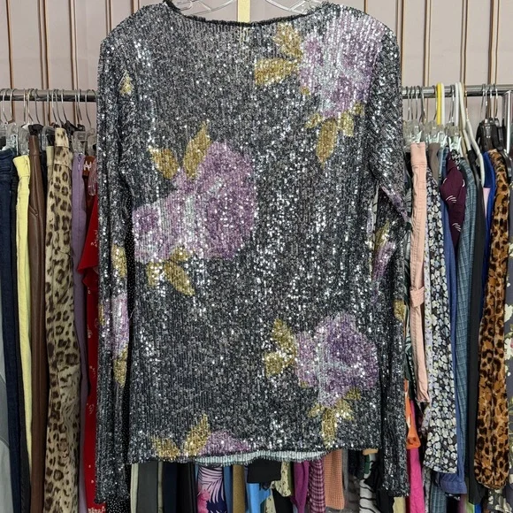 Free People New Floral Long Sleeve Sequin Women's Top, Medium - Picture 7 of 9